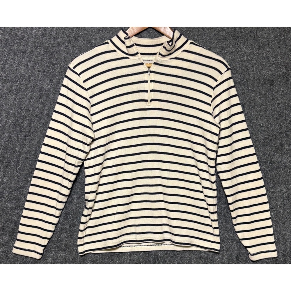 LL Bean‎ Women Striped Quarter Zip Pullover Sweater Cream Navy Size M